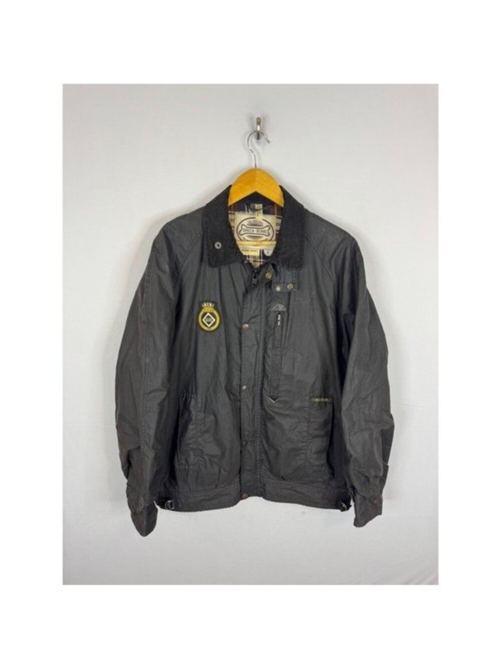 Driza-Bone Brumby Jacket Waxed Cotton Plaid Lined Black Edmonton Patch Size 6